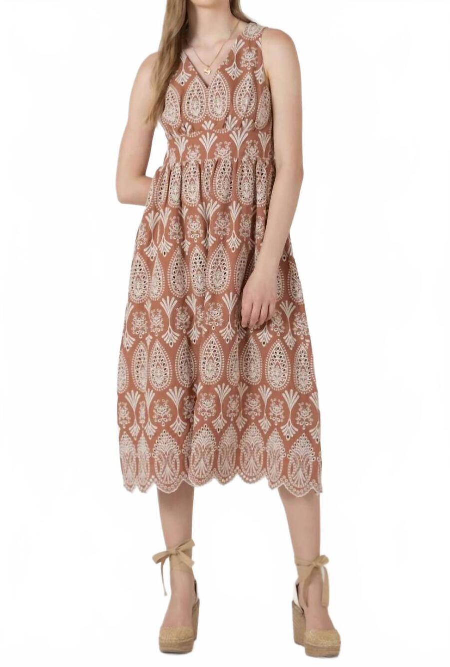 NEW DEX v-neck sleeveless dress in sandy/beige eyelet